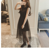 2016夏季韩版新款网纱拼接假两件性感显瘦无袖收腰蕾丝气质连衣裙