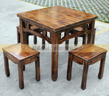 实木餐桌椅组合碳化火烧木复古八仙桌特色中餐馆农家乐饭馆桌凳
