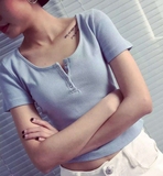 2016夏装新款韩版修身显瘦短款露脐螺纹T恤短袖圆领打底衫上衣女