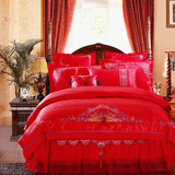 贡缎提花婚庆四件套结婚六件套大红纯棉刺绣八十多件套床盖上用品
