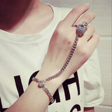 韩国镶钻骷髅头手链带戒指链条一体指环个性朋克风装饰品男女潮人