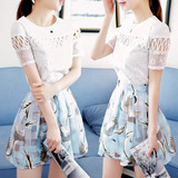 春夏新款韩版印花两件套裙子短袖高腰连衣裙蕾丝修身套装蓬蓬裙女