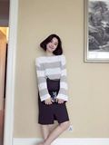 韩国东大门代购 2016春季女装新款 经典条纹上衣 喇叭袖T恤