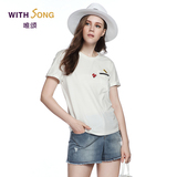 WITHSONG/唯颂2016夏季新品 白色圆领短袖t恤纯色印花情侣上衣