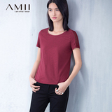 Amii旗舰店2016夏装新款女装大码t恤衫圆领拼接修身显瘦短袖T恤女