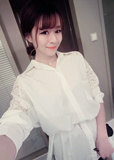 新款韩国百搭蕾丝镂空加长加宽版中长长袖休闲女衬衫 潮