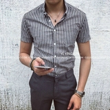 韩国韩版修身短袖条纹衬衫男欧美东大门古伦仕休闲商务日系衬衣潮