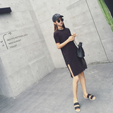 夏天家2016夏装新款韩版女装镂空条纹开叉铆钉中长款针织短袖T恤