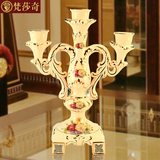 梵莎奇奢华欧式三头烛台复古创意家居装饰品陶瓷手工艺摆件