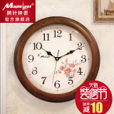 枫叶客厅圆形简约挂钟创意钟表欧式实木时钟现代静音16英寸石英钟
