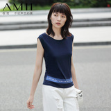 Amii极简女装夏季字母显瘦修身纯棉网纱休闲短袖T恤女子体恤衫