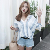 韩国正品代购进口女装2016夏装新款V领撞色竖条纹宽松衬衫上衣