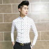 新款男士修身青年衬衫个性时尚长袖型韩版格子薄款理发师潮男衬衣