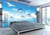 无缝大型壁画3D蓝色大海海豚餐厅装饰画走廊玄关壁画挂画儿童房