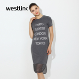 Westlink/西遇2016春季新款 中长款圆领字母潮印花网布短袖连衣裙