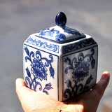 景德镇陶瓷器储物青花瓷茶叶罐外贸欧式置物盖罐全手绘摆件四方罐