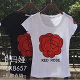 8657卡玛娅t恤短袖2016女款高温烫镶钻玫瑰花专柜正品纯棉弹力