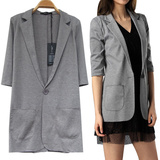 2016春夏韩版修身灰色中长袖长款休闲小西装西服外套女显瘦针织棉