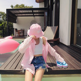 夏季韩版小清新简约长袖棉麻衬衫女中长款宽松显瘦防晒衣外套粉色
