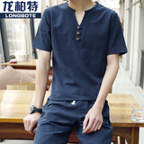 中国风夏装亚麻短袖衬衫男士修身棉麻半袖衬衣大码男装寸衫潮薄款