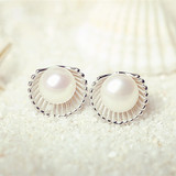 s925纯银天然珍珠耳钉海滩贝壳气质女款耳环时尚简约甜美防过敏耳