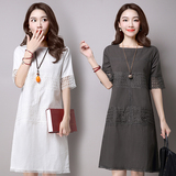 2016韩版女装蕾丝A字镂空优雅显瘦中长款大码纯色短袖棉麻连衣裙