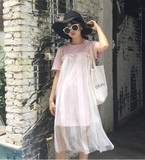 夏季新款韩版美腻粉嫩纯色T恤裙+透视镂空少女蕾丝连衣裙假两件
