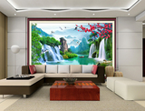 中式山水红梅装饰镜框画客厅电视背景墙定制墙布大型无缝壁画壁纸