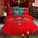结婚庆磨毛印花四件套活性斜纹全棉纯棉床单被套4件大红床上用品