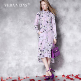 Vera Veins2016春夏季新款印花长袖真丝连衣裙  气质中长款开衫