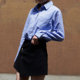 日系蓝色长袖条纹衬衫女 精品专柜女装 简约显瘦通勤OL宽松POLO领