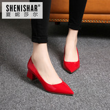 夏妮莎尔2016春季新款漆皮红色中跟粗跟浅口单鞋气质尖头方跟女鞋