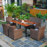 户外家具实木长方桌藤椅套装 木藤混搭双人椅餐厅花园客厅餐桌椅