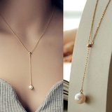 1件包邮韩国明星同款珍珠吊坠项链女可调节钛钢玫瑰金短链锁骨链
