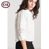 C＆A女式镂空条纹拼接落肩衬衫 2016春夏新款纯棉短款CA200169082