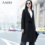 Amii女装旗舰店艾米冬新款直筒大码翻领腰带中长款毛呢外套大衣