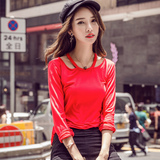2016秋季韩版新款圆领T恤纯色长袖个性镂空露肩宽松体恤上衣显瘦