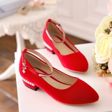 新娘结婚鞋春秋季新款平跟孕妇婚鞋女大红色平底鞋粗跟新娘鞋低跟