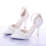 白色珍珠蕾丝花朵尖头婚鞋高跟敬酒鞋女凉鞋细跟腕带中空新娘鞋