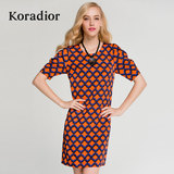Koradior/珂莱蒂尔正品夏款复古撞色格纹修身显瘦半袖收腰连衣裙