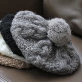 韩版女士贝雷帽秋冬季兔毛球毛线帽子可爱护耳帽针织帽套头画家帽