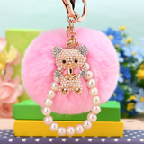 韩国创意礼品可爱水钻小熊汽车钥匙扣女包挂件毛绒獭兔毛球钥匙链