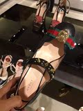 代购gucci古驰女鞋凉鞋女夏2016新款女式黑色圆头铆钉搭扣高跟鞋