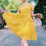 夏季韩版修身短袖中长款A型黄色蕾丝钩花镂空公主蓬蓬连衣裙