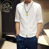 短袖衬衫男士韩版休闲衬衣宽松型半袖亚麻立领夏季大码上衣服潮牌