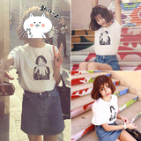 夏装韩版卡通猫咪白色短袖女t恤夏季简约学生上衣半袖体恤打底衫
