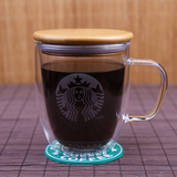 竹子盖杯盖星巴克双层玻璃杯咖啡杯果汁杯泡茶杯透明家用耐热玻璃