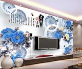 新款古典花纹3D立体青花瓷牡丹花电视背景墙客厅沙发背景墙纸壁画