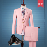 柏裳浅粉色暗纹格子西服套装男士修身时尚个性纹理粉红色西装礼服