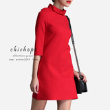2015秋冬新款韩版简约气质红色修身直筒连衣裙女立领七分袖打底裙